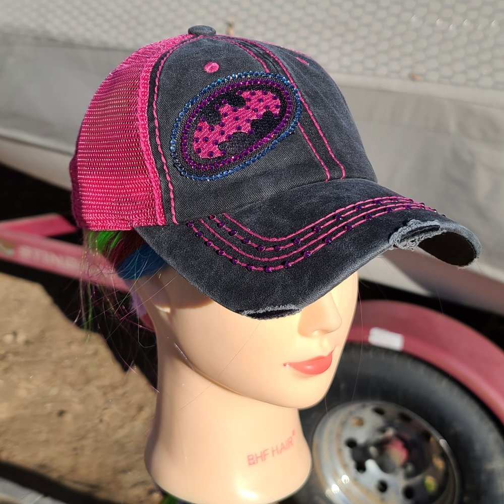 Ladies Gray & Pink Batgirl BLING Hat NEW
